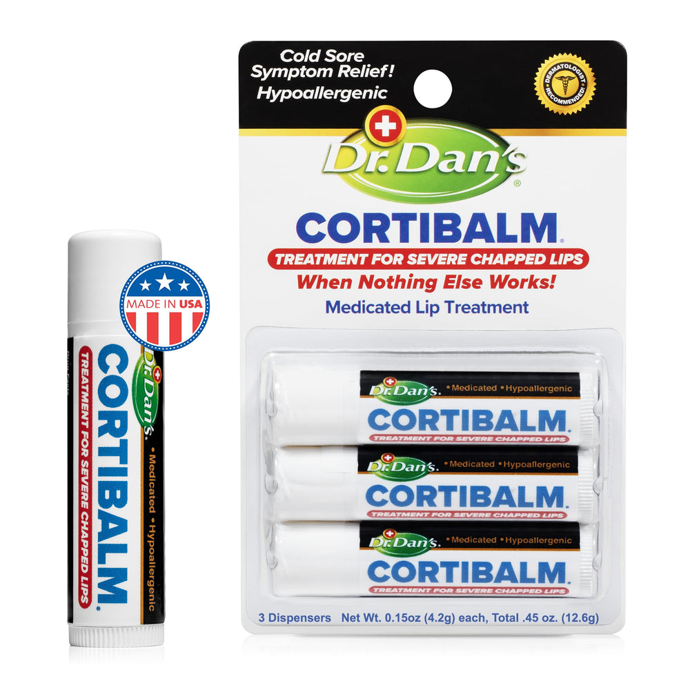 Dr. Dan's Cortibalm envase frontal mostrando paquete de tres para alivio inmediato