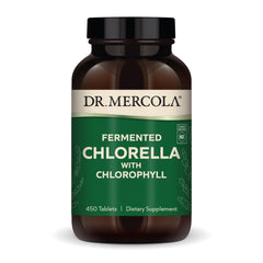 Dr. Mercola frente del envase mostrando 450 tabletas y beneficios de clorofila