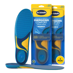 Dr. Scholl's frente del paquete mostrando dos pares y beneficios de confort