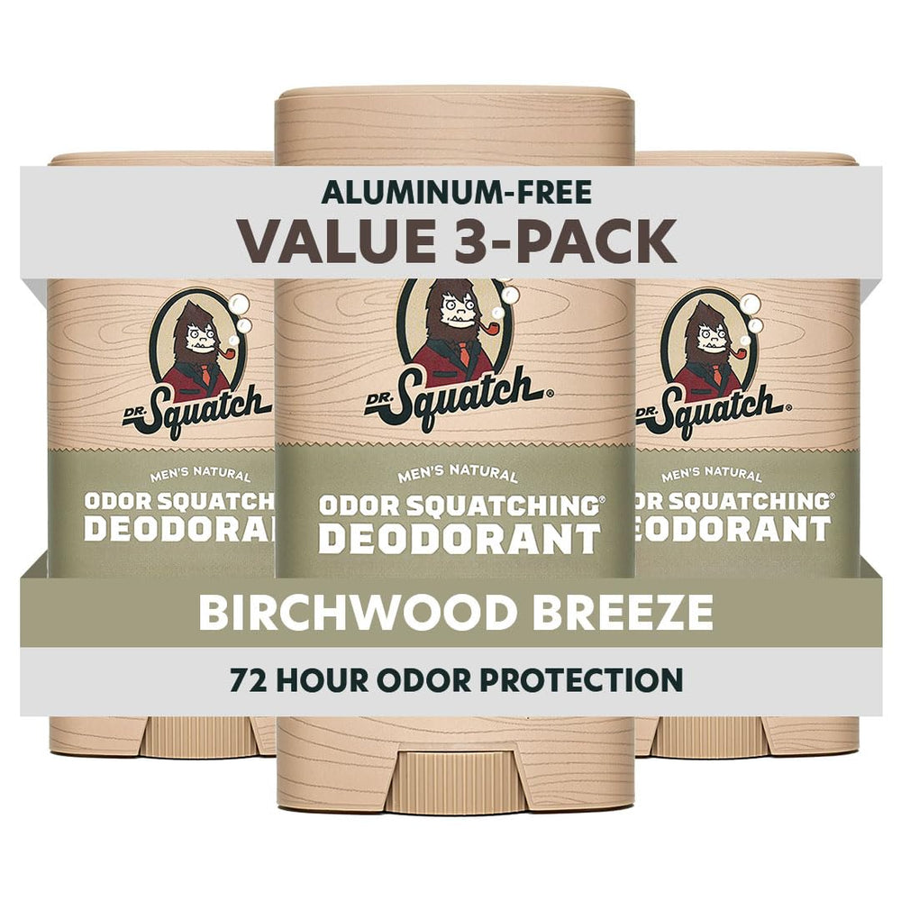 Dr. Squatch frente del empaque muestra aroma Birchwood Breeze y claridad del producto