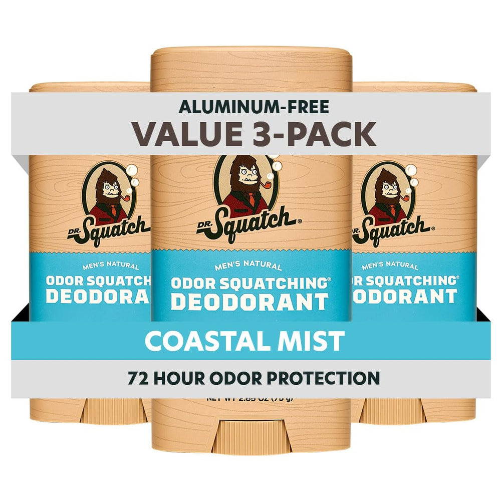 Dr. Squatch empaque frontal Coastal Mist mostrando el stick y beneficio de frescura