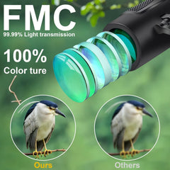 Dranbol prismáticos en uso durante observación de aves, seguimiento claro