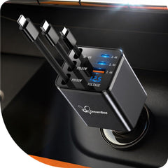 DreamBee vista frontal del cargador de coche con puertos múltiples, potencia compacta