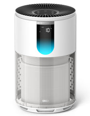 DREO purifier front view showing clean-lined design and large intake for faster circulation