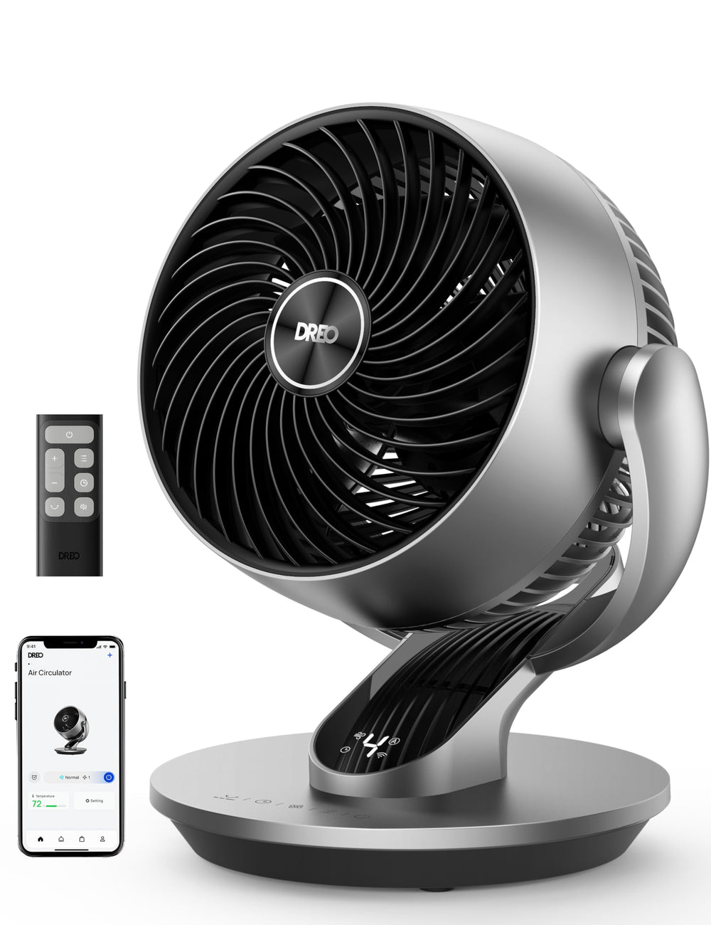 DREO vista frontal del ventilador mostrando diseño compacto y potencia