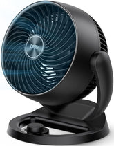 DREO vista frontal del ventilador de mesa mostrando rejilla y base, ventilación potente