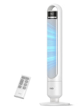 DREO vista frontal del ventilador torre con diseño estilizado y ahorro de espacio