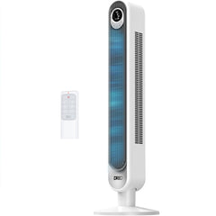 DREO vista frontal del ventilador torre con diseño estilizado y potente flujo