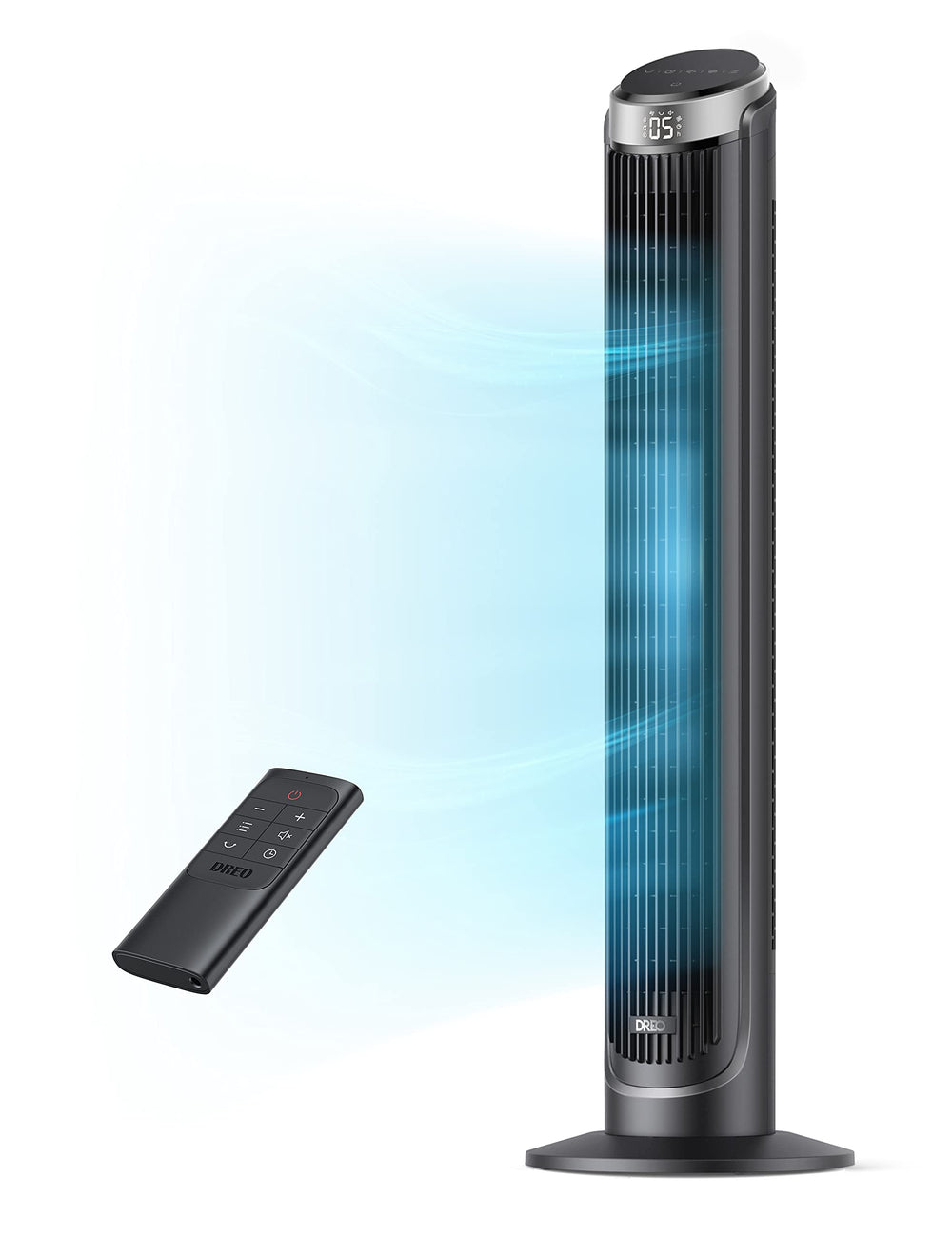 DREO vista frontal del ventilador de torre con flujo potente