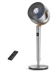 DREO ventilador frontal mostrando rejilla y diseño elegante, distribución eficiente del aire
