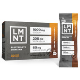 Drink LMNT empaque frontal sabor chocolate caramelo mostrando 30 sobres y beneficios