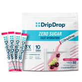DripDrop frente del empaque Cherry Limeade mostrando 32 sobres y conveniencia