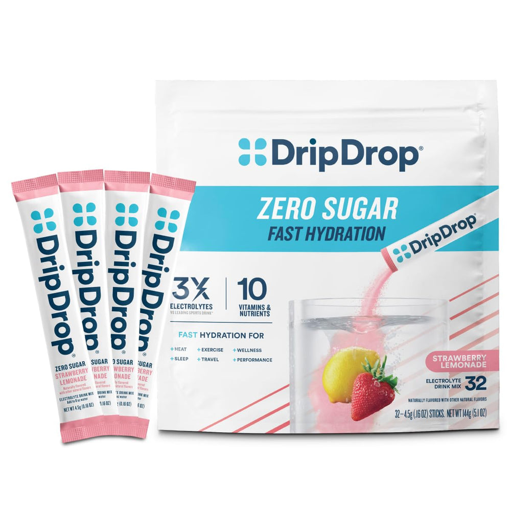 DripDrop empaque frontal fresa-limón mostrando conveniencia y sabor