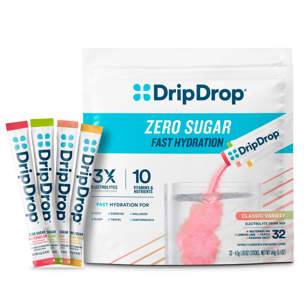 DripDrop pack variedad frontal mostrando 32 sobres y sabores reconocibles