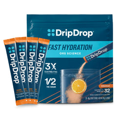 DripDrop paquete frontal sabor naranja mostrando diseño y conveniencia de la caja