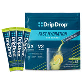 DripDrop sobre frente mostrando diseño y sabor limón-lima, práctico para llevar