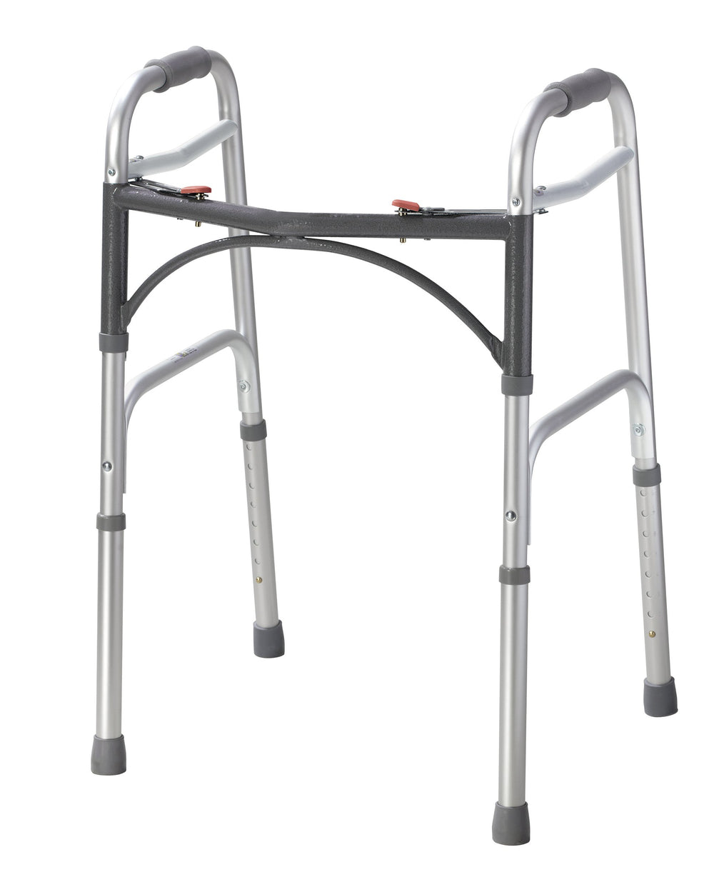 Drive Medical andador frontal plateado mostrando estructura resistente y aspecto moderno