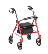 Drive Medical vista frontal del rollator rojo mostrando asiento y manijas, comodidad instantánea
