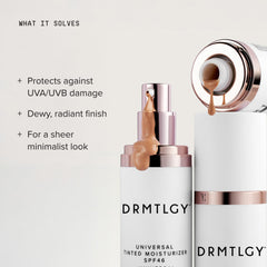 DRMTLGY aplicación en mano mostrando el tono universal y cobertura natural inmediata