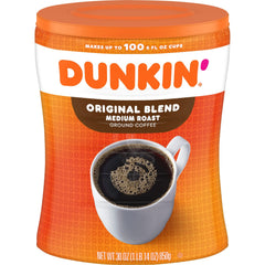 Dunkin' Original Blend canister open to display resealable seal and storage convenience
