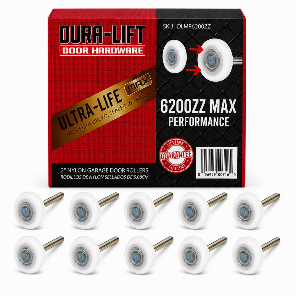DURA-LIFT rodillo frontal en embalaje mostrando unidad lista para instalación y ahorro de ruido