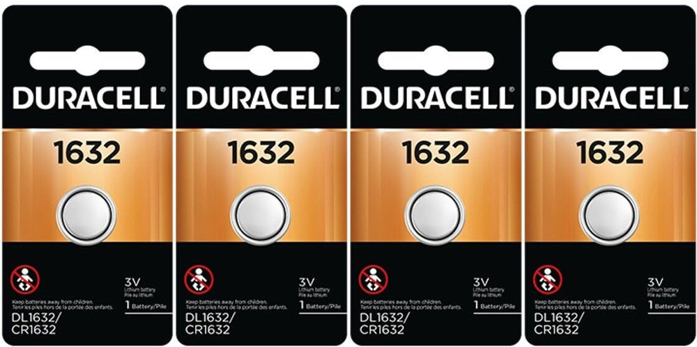 Duracell DL1632 frontal del paquete mostrando 4 pilas y su marca, garantía de autenticidad