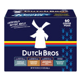 Dutch Bros paquete frontal mostrando cuatro sabores y 60 cápsulas, conveniencia variable