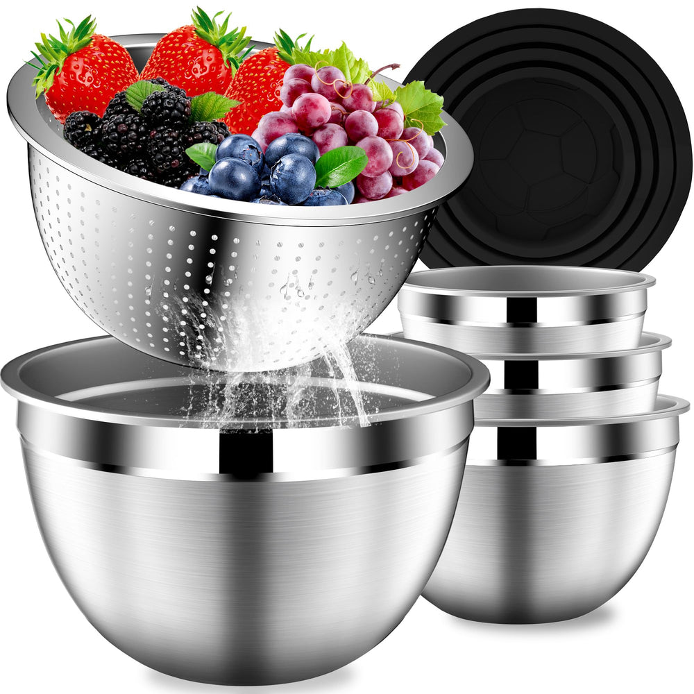 DUTZUN front view of the black stainless steel bowl set highlighting included lids and colander for organized prep