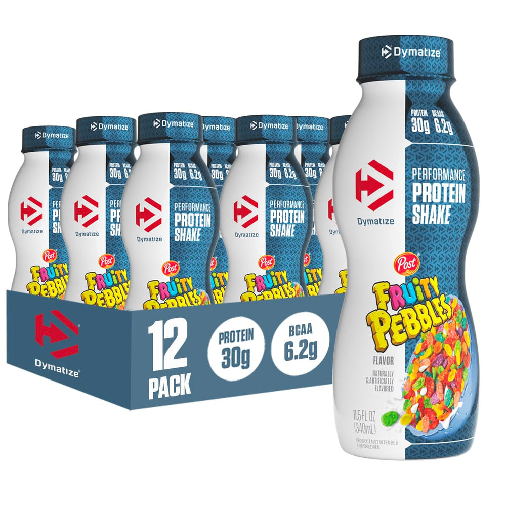 Dymatize botella frontal Fruity Pebbles mostrando diseño y conveniencia