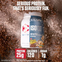 Dymatize textura del polvo Cocoa Pebbles, mezcla fina y disolución rápida