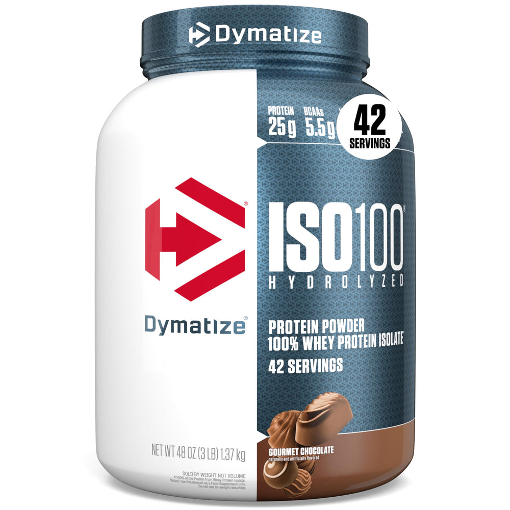 Dymatize ISO100 frontal del empaque mostrando sabor Gourmet Chocolate y beneficio pureza