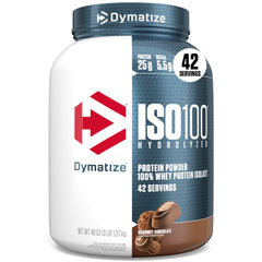 Dymatize ISO100 frontal del empaque mostrando sabor Gourmet Chocolate y beneficio pureza