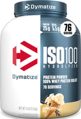Dymatize ISO100 envase frontal mostrando tamaño y sabor Gourmet Vanilla