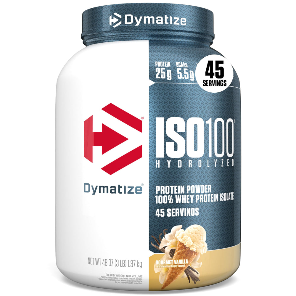 Dymatize ISO100 frente del envase mostrando diseño y sabor vainilla, transmite pureza