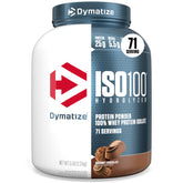 Dymatize ISO100 frente del envase mostrando sabor gourmet chocolate y claridad de etiqueta