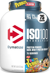 Dymatize tarro frontal mostrando diseño y sabor Fruity Pebbles, ideal para reconocer el producto