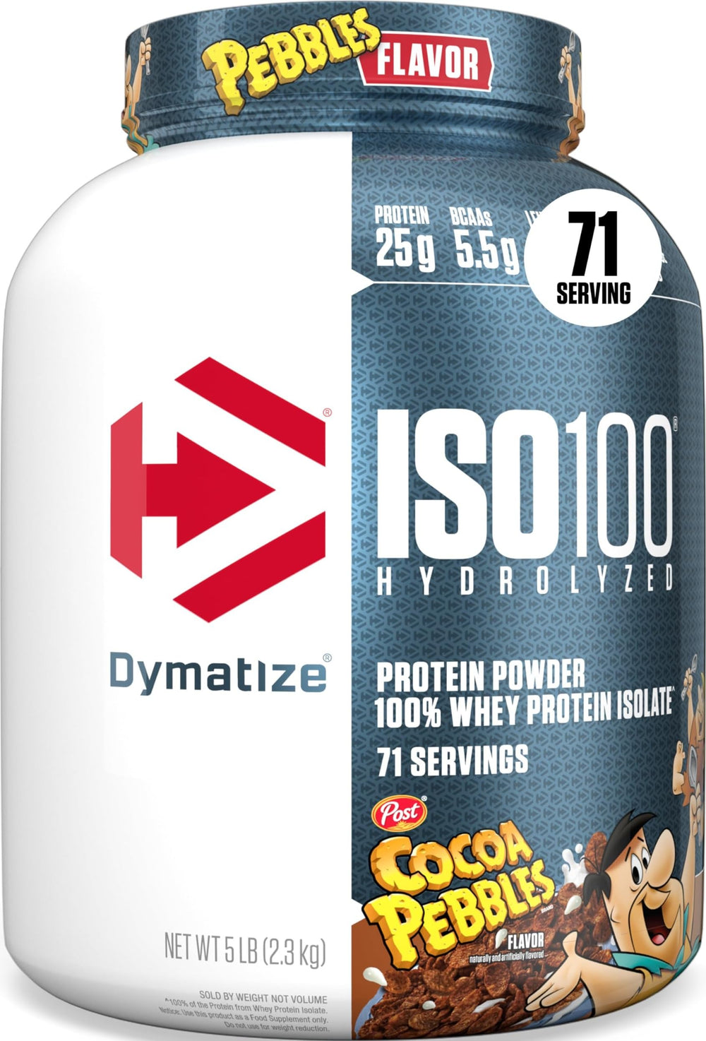 Dymatize envase frontal Cocoa Pebbles mostrando sabor y limpieza