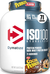 Dymatize envase frontal Cocoa Pebbles mostrando sabor y limpieza