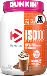 Dymatize envase frontal Mocha Latte mostrando sabor y beneficios