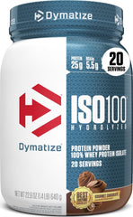Dymatize envase frontal mostrando marca y beneficio de proteína pura