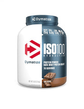 Dymatize ISO100 frente del envase mostrando sabor Fudge Brownie y beneficio de alta calidad