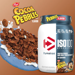 Dymatize vaso con batido Cocoa Pebbles listo, ideal para recuperación