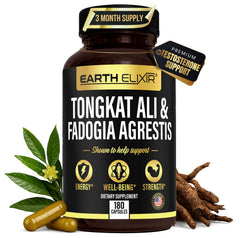 Earth Elixir vista frontal del empaque mostrando dosis y beneficio