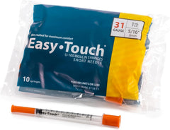 EasyTouch jeringa con aguja 31G mostrando la punta tri-bevel y precisión