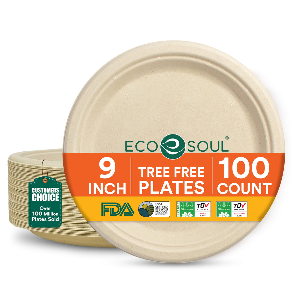 ECO SOUL empaque frontal de 100 platos compostables mostrando la cantidad y tamaño