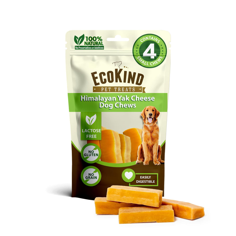 EcoKind Pet Treats pack frontal mostrando las cuatro piezas y beneficio de elección natural