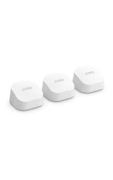 eero 6+ frontal mostrando el pack y beneficio de cobertura amplia