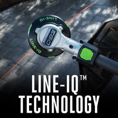 EGO Power+ close-up of trimmer head highlighting LINE IQ automatic feeding benefit
