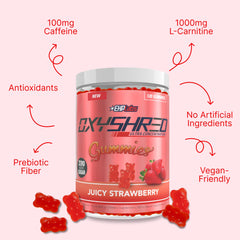 EHP Labs OxyShred detalle textura de gomita que resalta sabor fresa natural