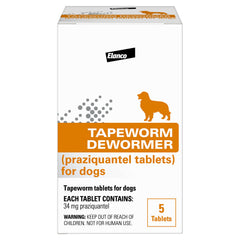 Elanco envase frontal de Tapeworm Dewormer mostrando cantidad y marca, fácil identificación
